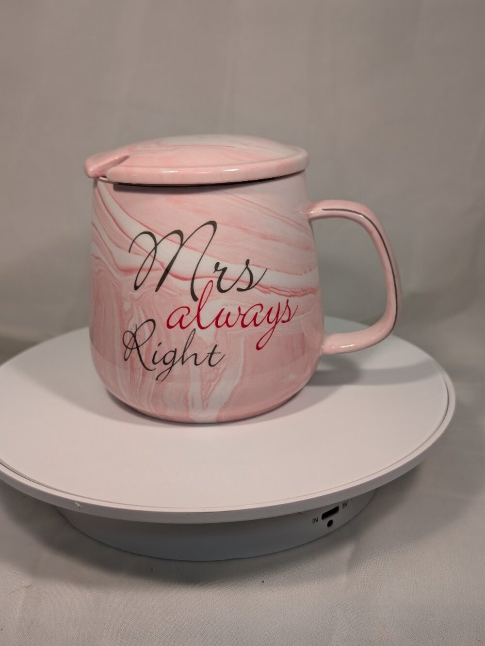 Hand Painted ? Pink Marble “Mrs Always Right” Ceramic Tea /Coffee Mug With Lid